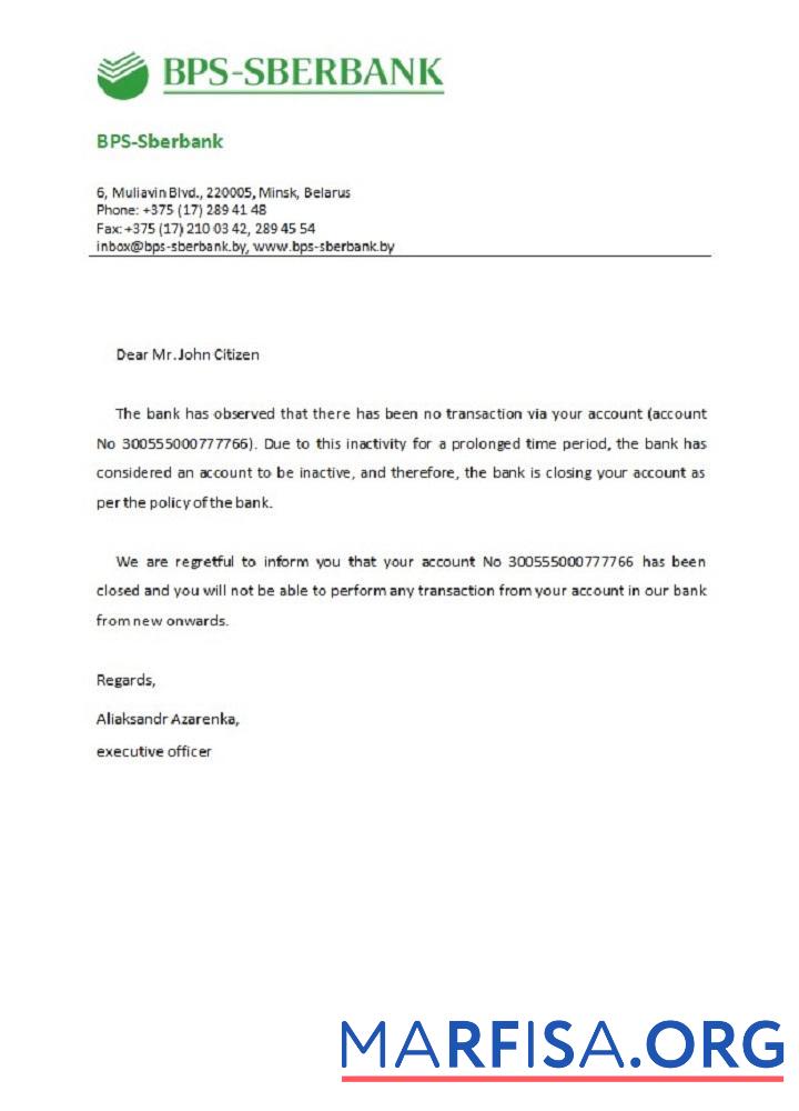 Blank Belarus BPS SBERBANK closure reference template